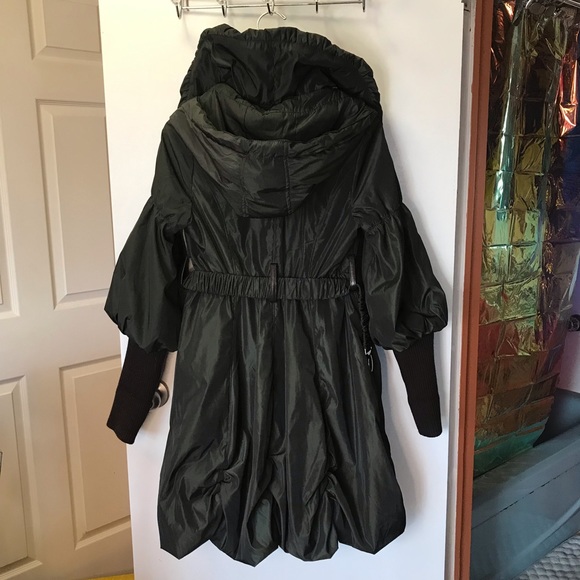 PINK MARTINI Abi Coat green metallic knit sleeves removable hood ruffle coat - Picture 4 of 17